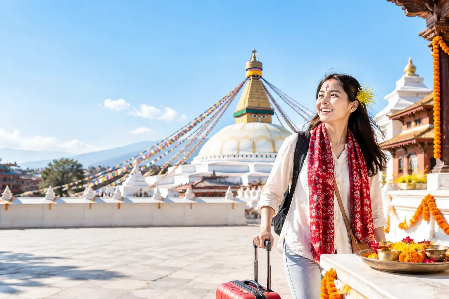 Bright Dashain and Tihar homecoming in Kathmandu with Boudhanath, prayer flags and festive marigolds
