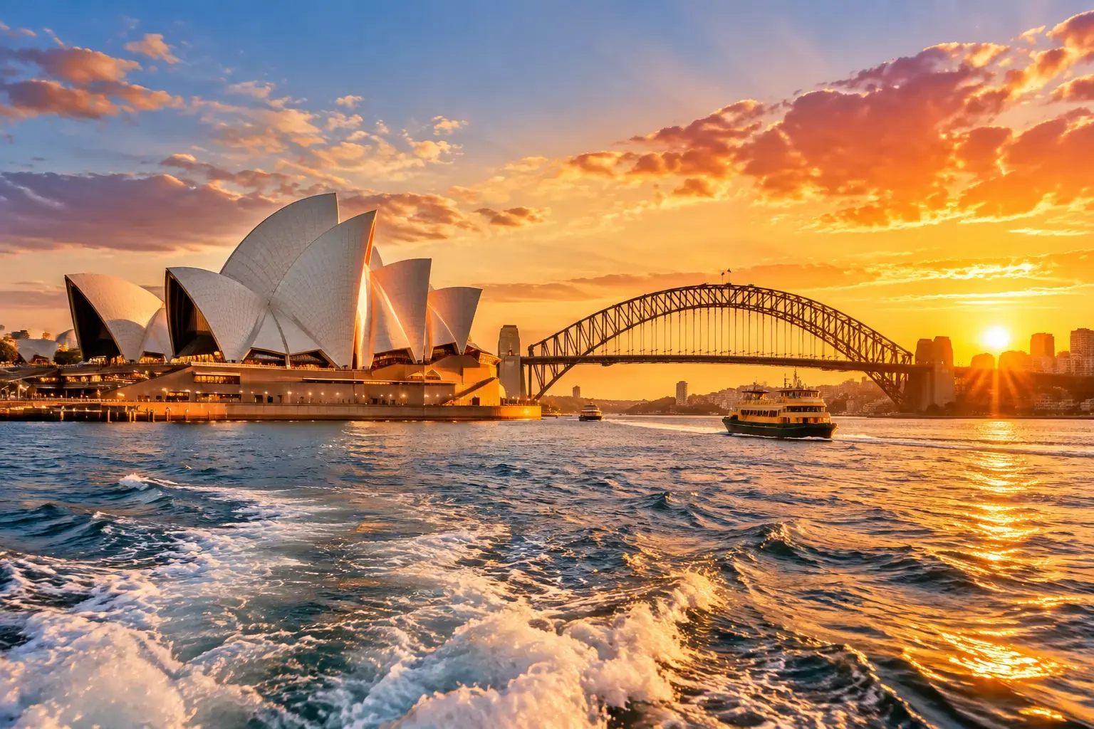 Sydney Harbour at sunset with the Opera House and Harbour Bridge