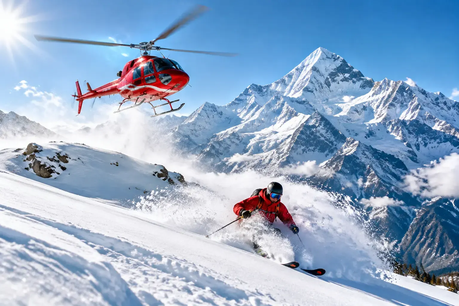 Heliskiing a Himalayan powder ridge below a red helicopter