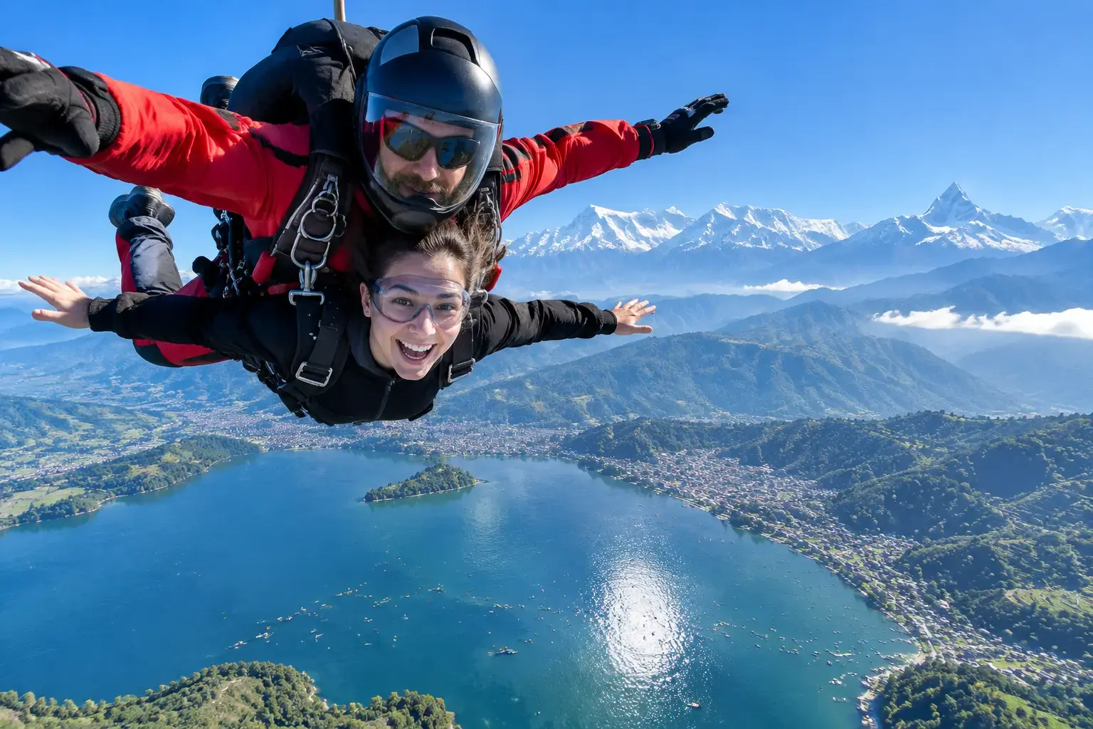 Tandem skydive over Phewa Lake, Pokhara with the Annapurna range behind