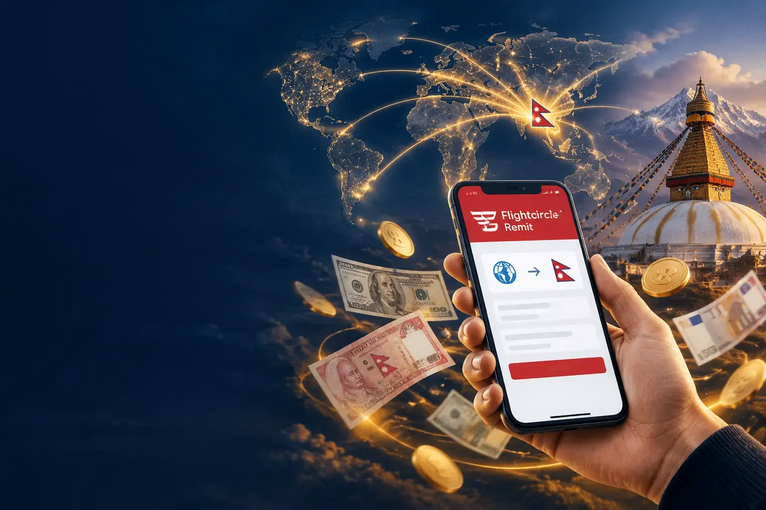 Flightcircle Remit phone with money flowing from all over the world to Nepal