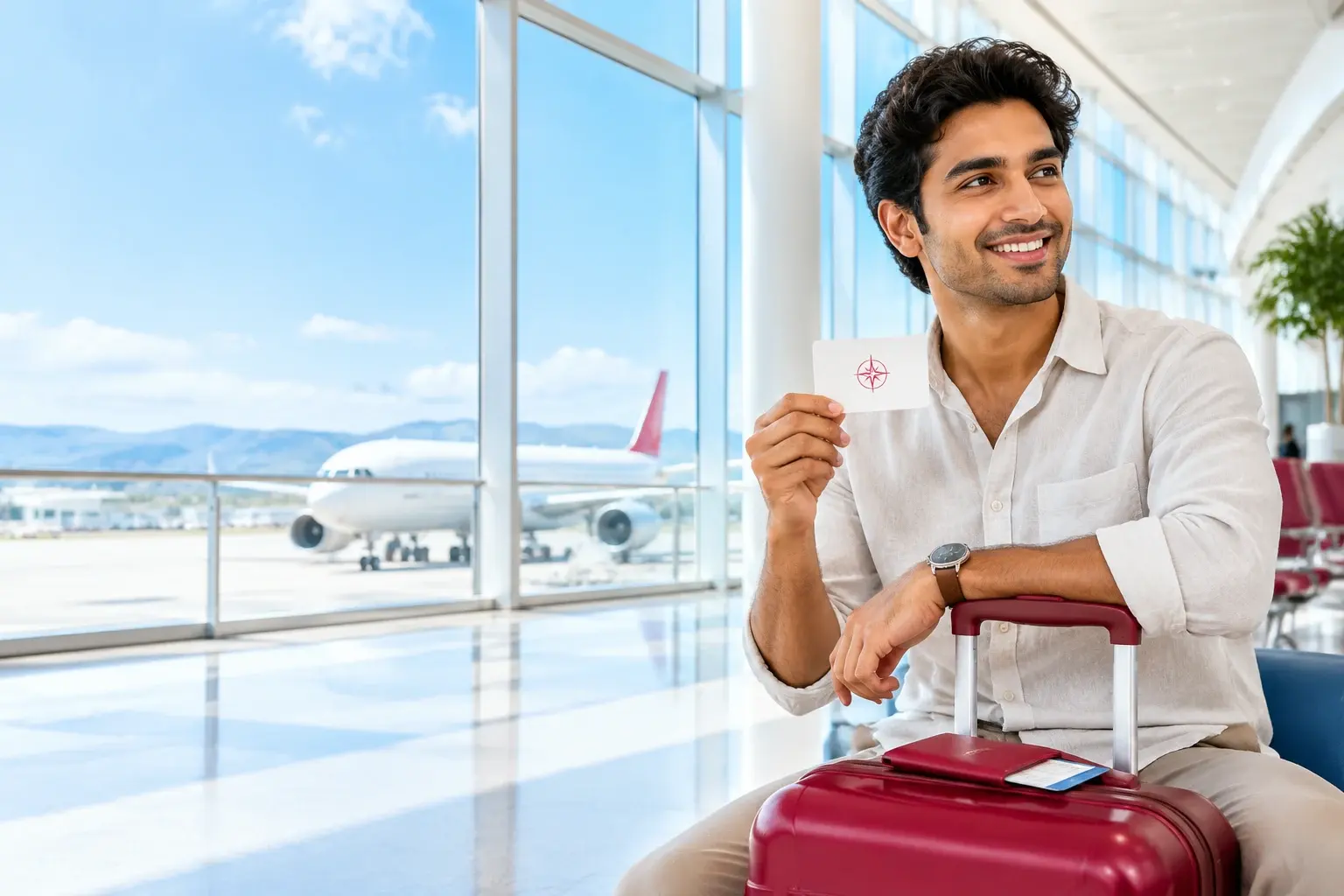 Traveller with a VIP membership card and red suitcase in a bright international airport