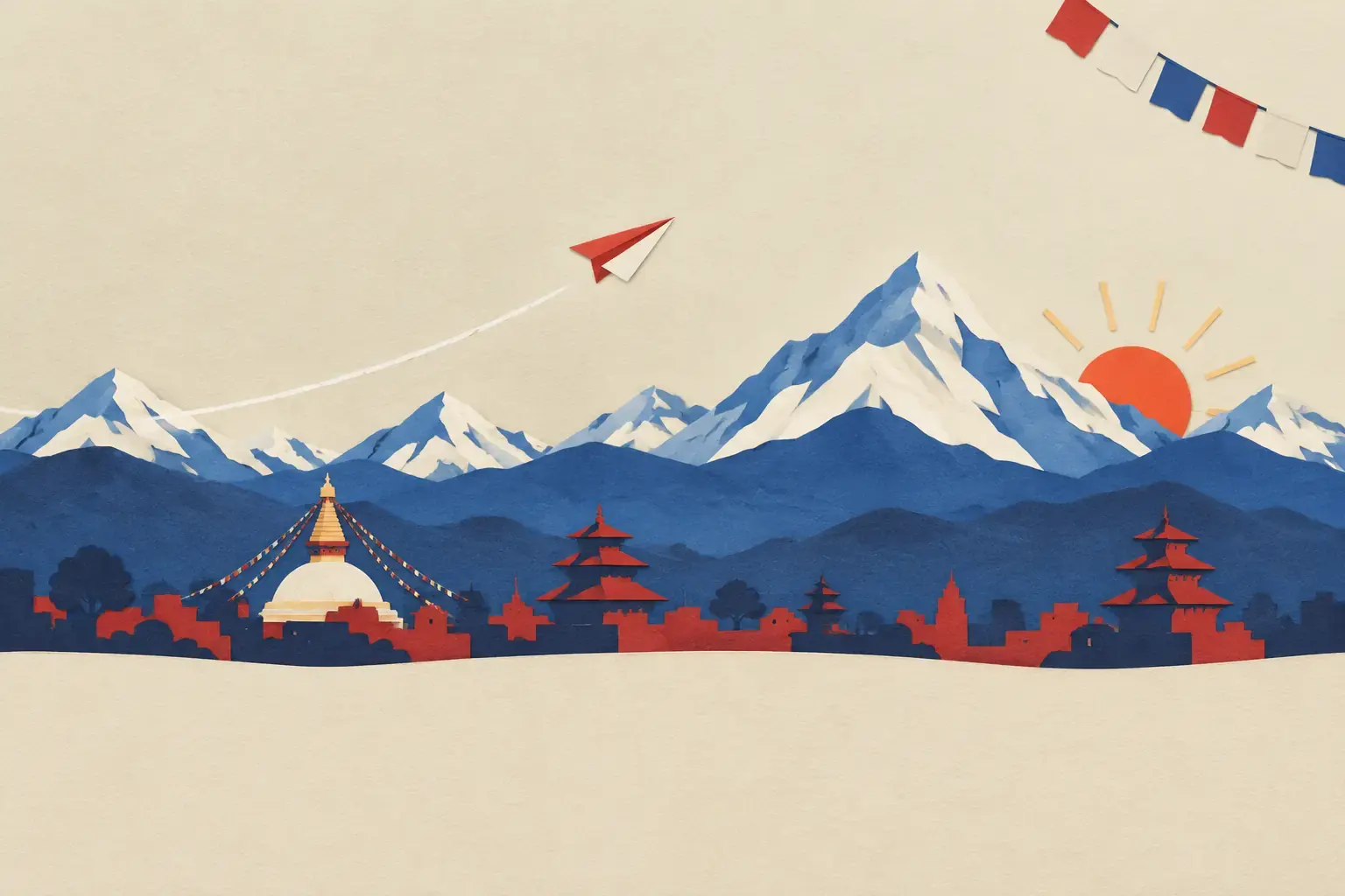 Paper airplane climbing over Himalayan peaks above Kathmandu at sunrise