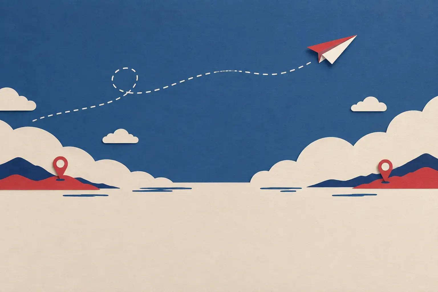 Paper airplane cruising high above clouds with a dashed route trailing behind