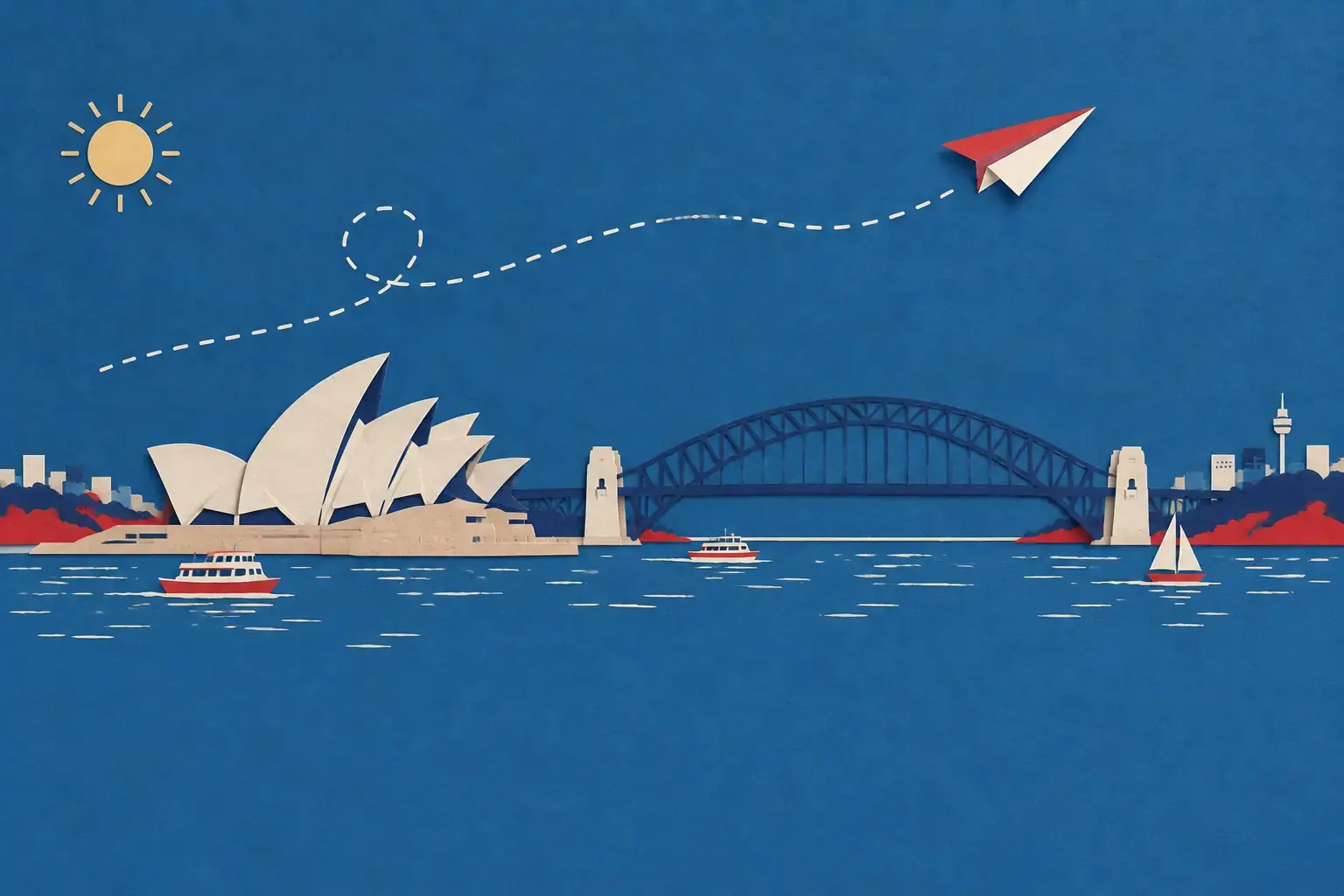 Paper airplane flying above Sydney Harbour with the Opera House below