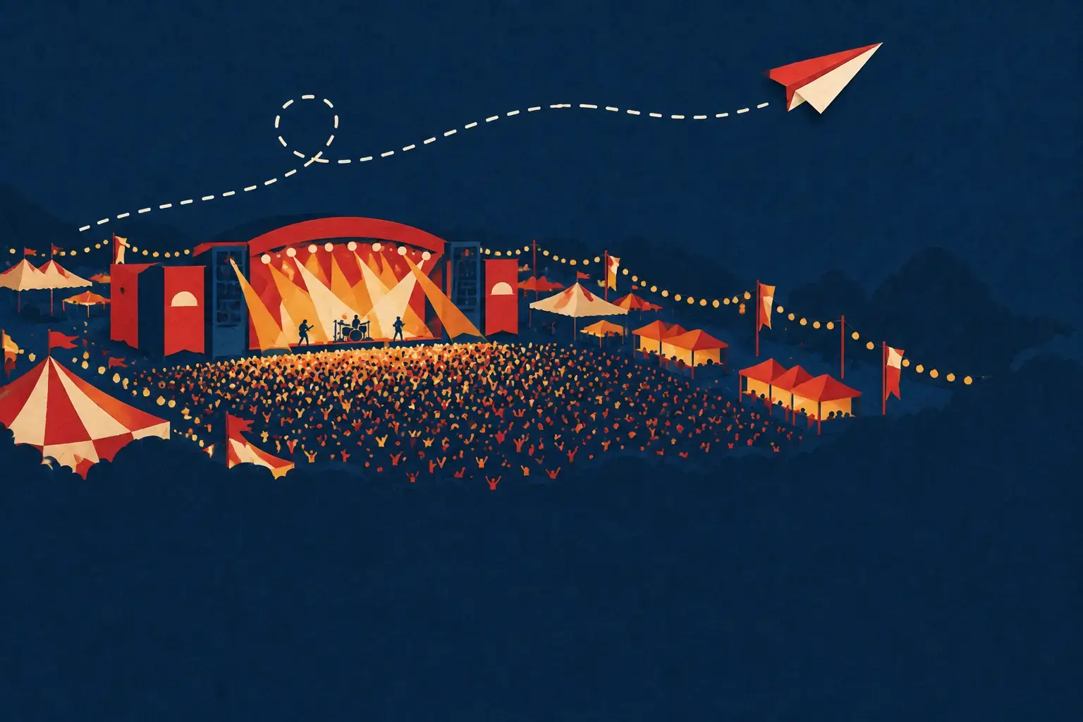 Paper airplane above a glowing night music festival