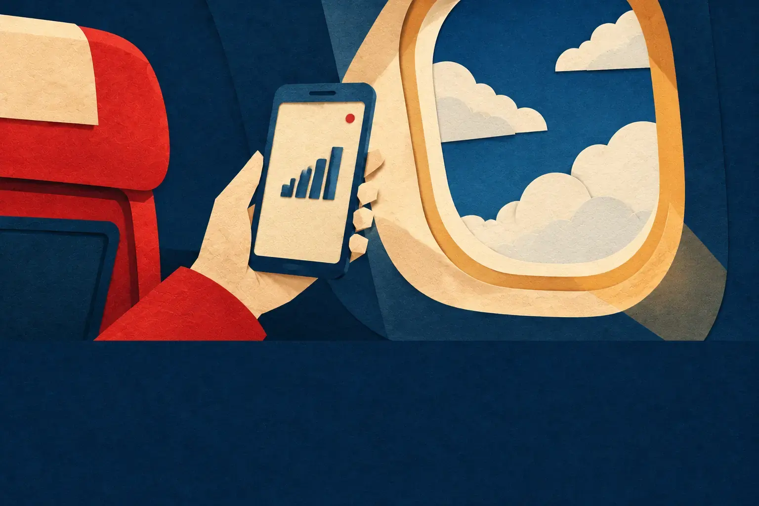 Hand holding a phone with signal bars inside the airplane cabin