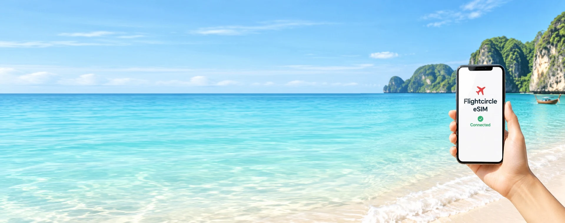 Phone displaying Flightcircle eSIM connected beside a tropical coastline