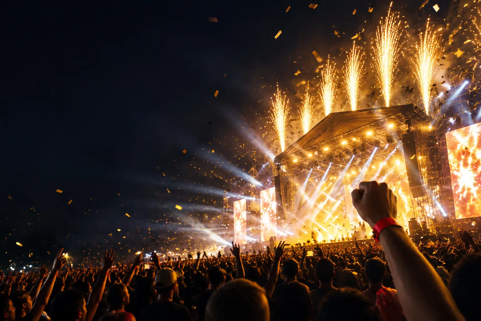 Festival main stage with golden pyrotechnics and a crowd with raised hands at night