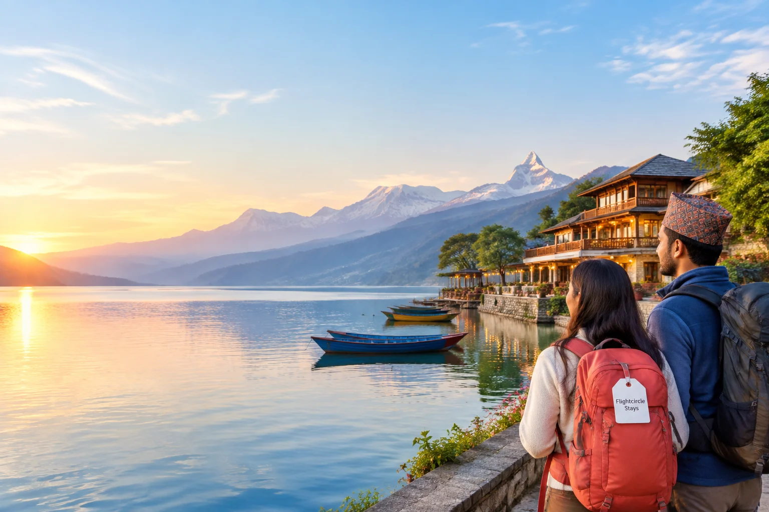 Phewa Lake at sunrise with a Flightcircle Stays luggage tag
